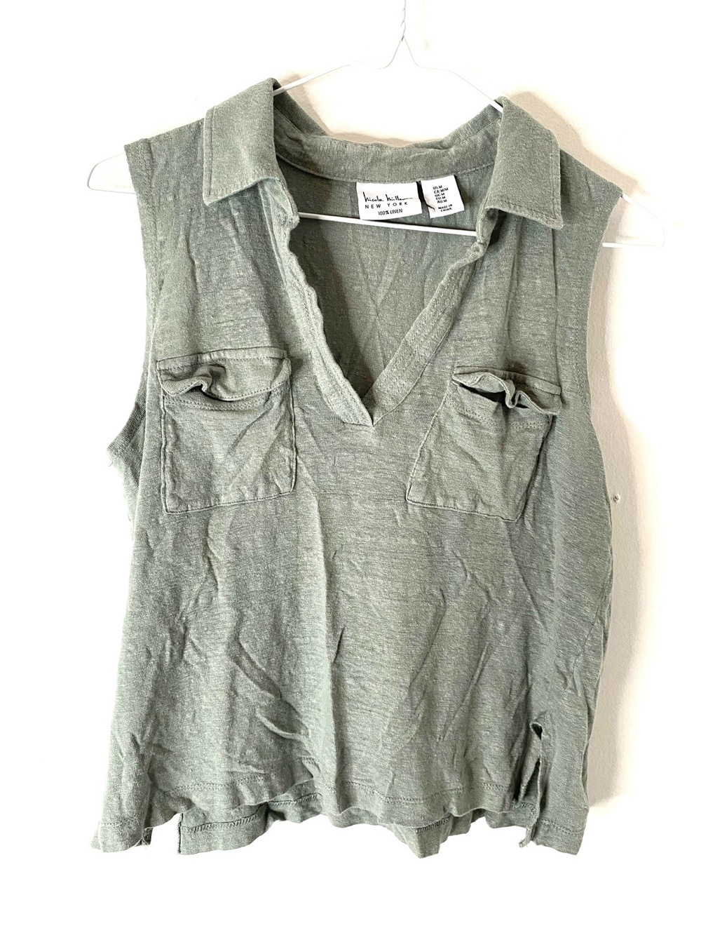 Nicole Miller 100% Linen Sleeveless Collared Pocket Top Green